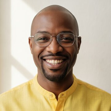 Portrait of a happy Black man with glasses and a goatee smiling warmly in a yellow shirt against a neutral background, concept of happiness and professional confidence