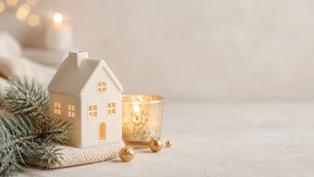 glowing white ceramic house beside candle, fir branches and golden Christmas ornaments on a soft neutral winter background