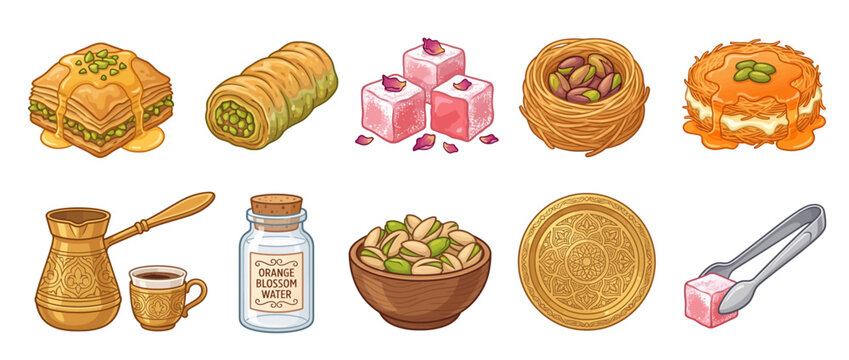 Turkish Dessert and Coffee Collection from Istanbul Turkey, Baklava Turkish Delight and Kunafa Stickers, Middle Eastern Food Set