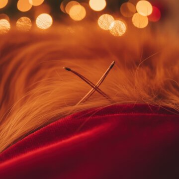 Close-up of Two Crossed Matches on Red and Orange Fur with Warm Bokeh Lights Background, concept of warmth and cozy atmosphere