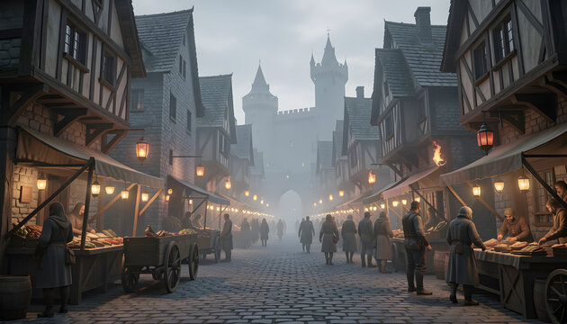 A bustling medieval market street in an old European town with a towering castle in the foggy distance.