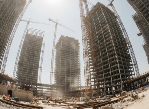 Low Angle View of Multiple High-Rise Buildings Under Construction with Tower Cranes and Scaffolding, concept of urban development and architectural progress