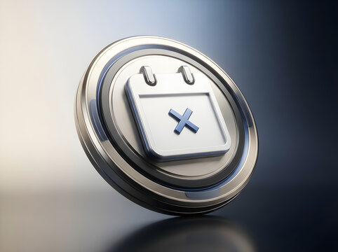 Detailed silver medallion with calendar page icon showing cross mark symbol for schedule cancellation or missed event alert app.