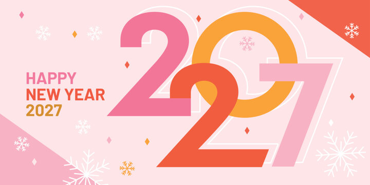 Colorful vector illustration for Happy New Year 2027 celebration. Large overlapping 2027 numbers with bright pink, orange, red and yellow geometric shapes, decorative snowflakes and festive winter ele