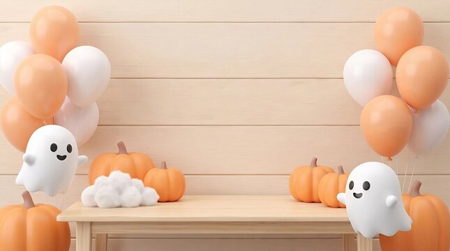 Halloween wooden table display with cute floating ghosts orange balloons and pumpkins against wood wall with copy space