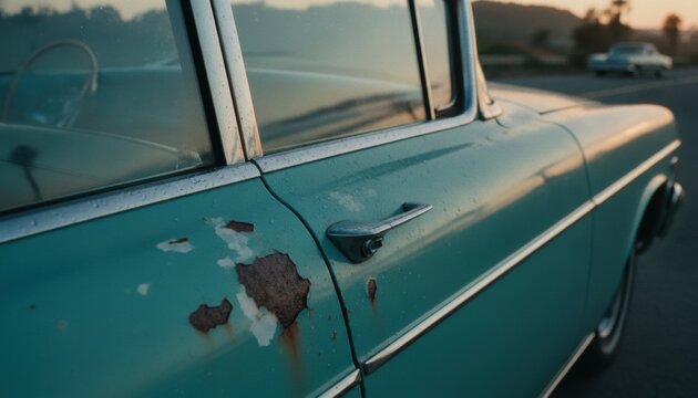 Close-up of a Rusty Vintage Turquoise Car Door at Sunset, concept of nostalgia and the passage of time