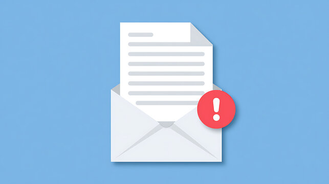 A 3d vector style of an open white envelope with a paper document inside and a red exclamation mark warning icon on a clean blue background