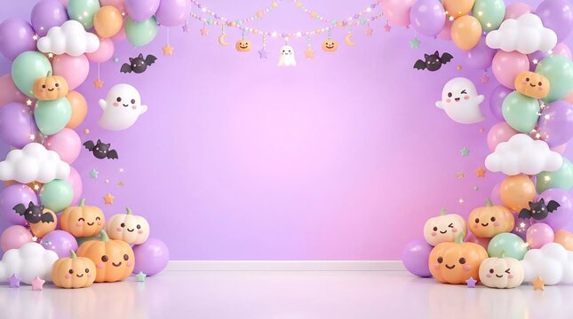 Cute pastel Halloween background with balloon arch smiling pumpkins ghosts and clouds on purple studio backdrop 3D rendering