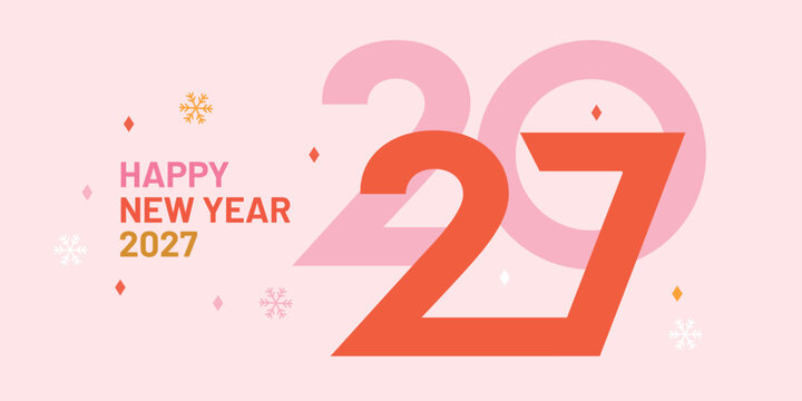 Minimal vector illustration for Happy New Year 2027 featuring large overlapping typography, bold geometric numbers and small festive decorative elements. Soft pink background with red, pink, orange an