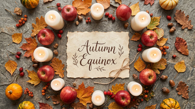 Autumn Equinox card with red apples and white candles.