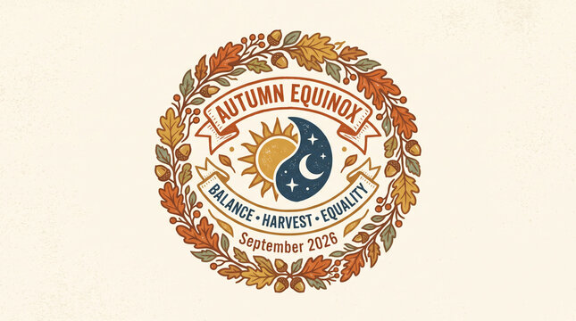 Autumn equinox emblem with sun moon and foliage frame.