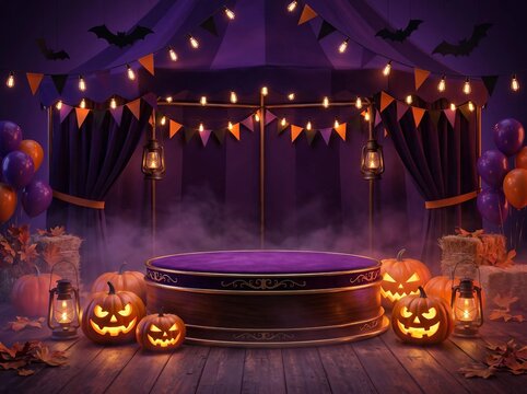Halloween stage podium in purple circus tent decorated with glowing jack o lantern pumpkins lanterns string lights and banners