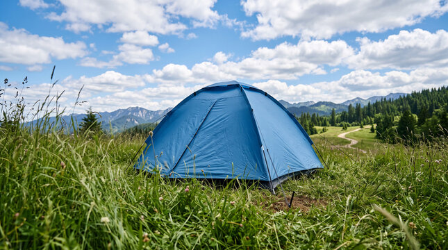 Blue tent pitched in green mountain meadow.