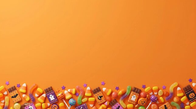 Assorted Halloween candies sweets and chocolate bars arranged at bottom of orange background