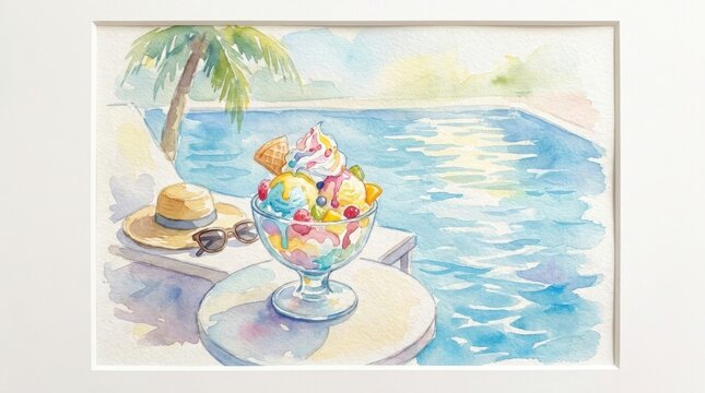 Watercolor painting of colorful fruit sundae by tropical swimming pool with summer accessories.