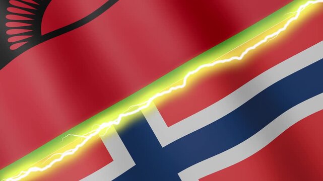 Two waving flags Malawi and Norway with diagonal lightning seamless, 4k loop