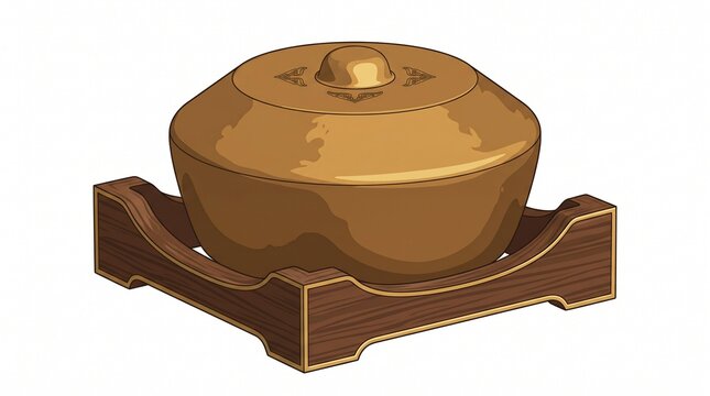 Traditional Indonesian golden bronze kenong gong percussion instrument from Gamelan ensemble on wooden stand isolated vector illustration