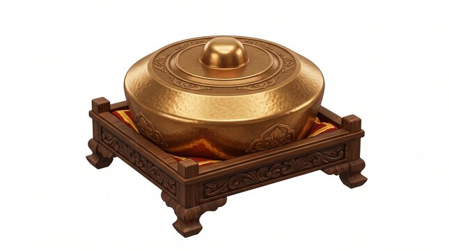 Exquisite Golden Bronze Traditional Indonesian Gamelan Kenong Gong Musical Instrument Elegantly Placed on a Carved Wooden Stand, Cultural Heritage Art