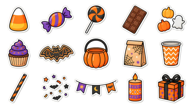 Halloween-themed flat icons set isolated on white