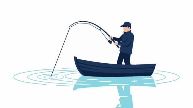 Illustration of a man fishing from a small boat on calm water