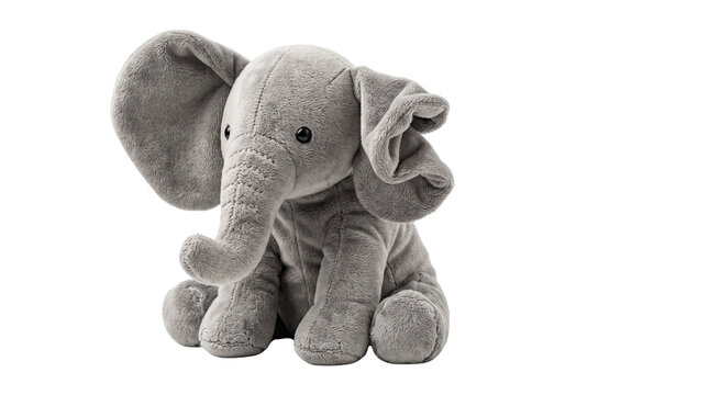 Plush elephant toy, soft grey stuffed animal for nursery decor, cuddly fabric elephant doll on white background