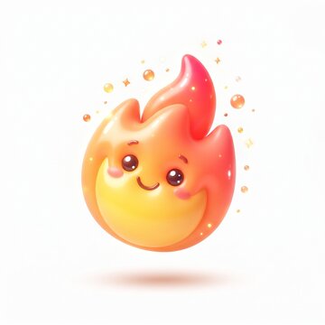 Cute cartoon flame character with smiling face isolated on white background. Kawaii fire mascot for gamified learning app and digital education. Streak symbol for edtech achievement concept.