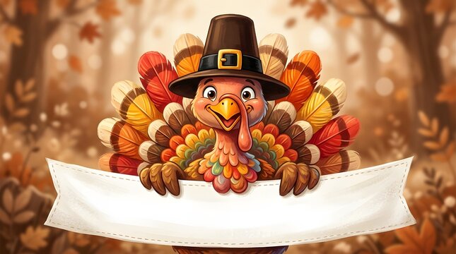 Cute cartoon turkey wearing a pilgrim hat holding a blank white banner for your thanksgiving holiday message design