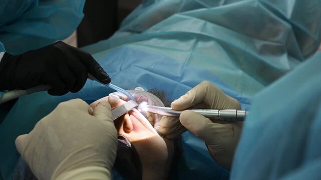 A male patient is undergoing dental treatment at a dental clinic; his mouth is open, a dental drill and saliva ejector are in use, and the dentist is working with an assistant.