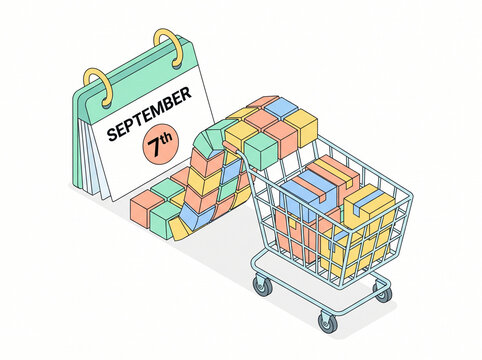 September seventh calendar date with isometric shopping cart and colorful parcel cubes promoting retail sales event and consumer shipping commerce.