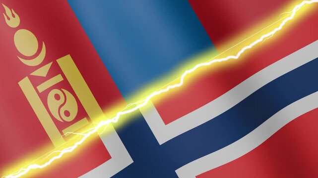 Two waving flags Mongolia and Norway with diagonal lightning seamless, 4k loop