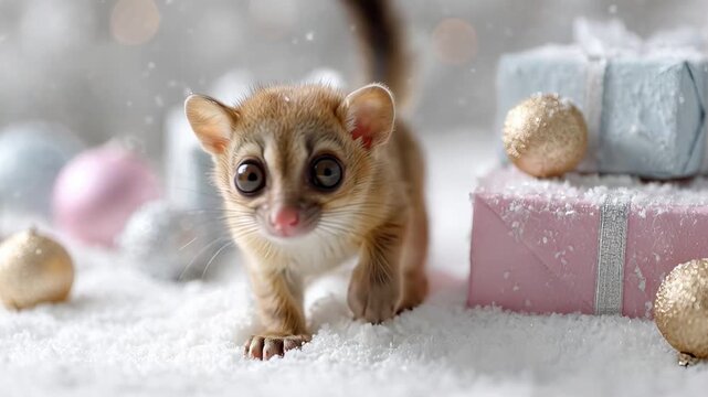 ?Curious baby lemur exploring snowy christmas scene with gift boxes