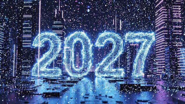Digital cityscape with futuristic year numbers and fireworks illuminating the night sky