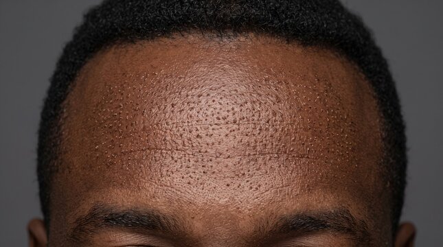 Close up of African American male forehead with closed comedones, textured skin and mild keratosis pilaris