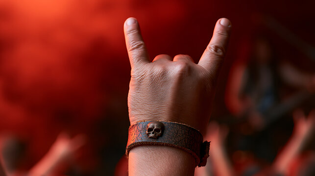 Close up of a hand showing a metal horn sign gesture at a live music concert with a red stage light background and a leather wristband
