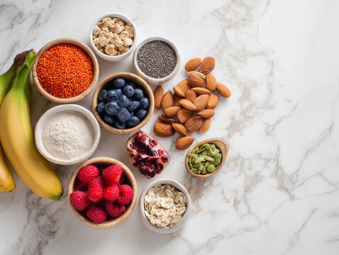 Top view digestive wellness foods on white marble table