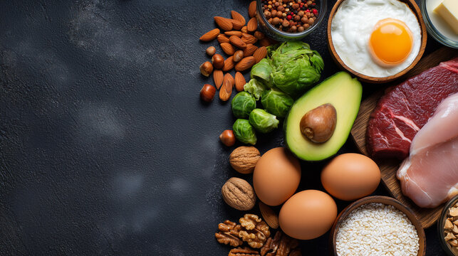 Top view collection of keto foods with copy space