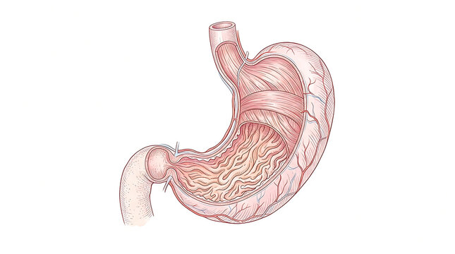 Detailed medical illustration of human stomach anatomy highlighting internal structure and surrounding tissues for educational