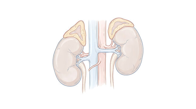 Anatomical illustration of kidneys with adrenal glands and blood vessels showing internal structure and surrounding tissue