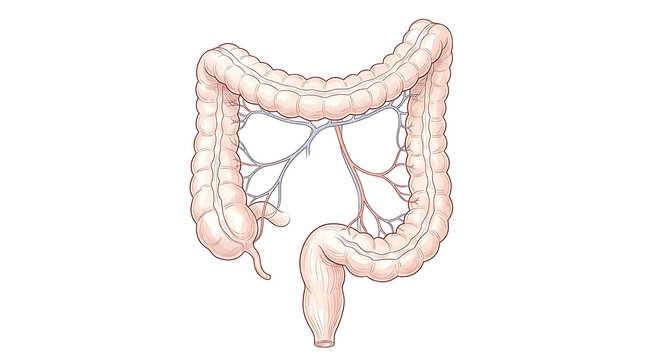 Detailed illustration of the human large intestine emphasizing its structure and anatomical features for educational purposes