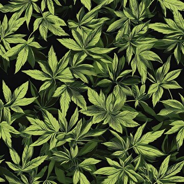 Abstract chaotic pattern of stylized green hemp leaves on dark background