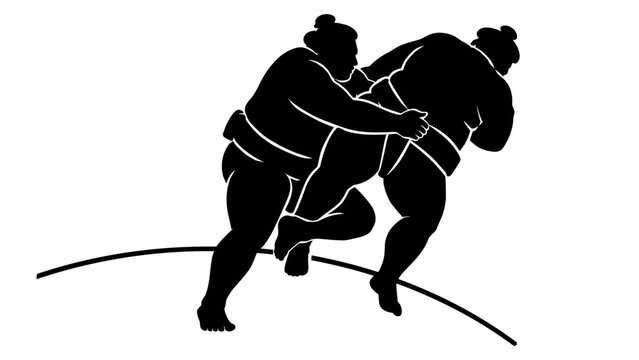 Dynamic sumo wrestling takedown scene black silhouette
