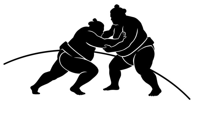 Dynamic sumo wrestling takedown scene black silhouette
