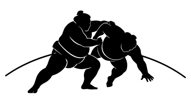Sumo wrestlers battling on the dohyo black silhouette
