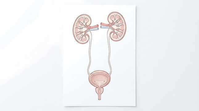 Detailed medical illustration of human urinary system including kidneys ureters and bladder for educational purposes