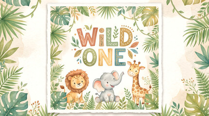 Fototapeta premium Wild One birthday celebration card featuring cute watercolor safari animals like a lion elephant and giraffe surrounded by lush tropical green jungle leaves and foliage