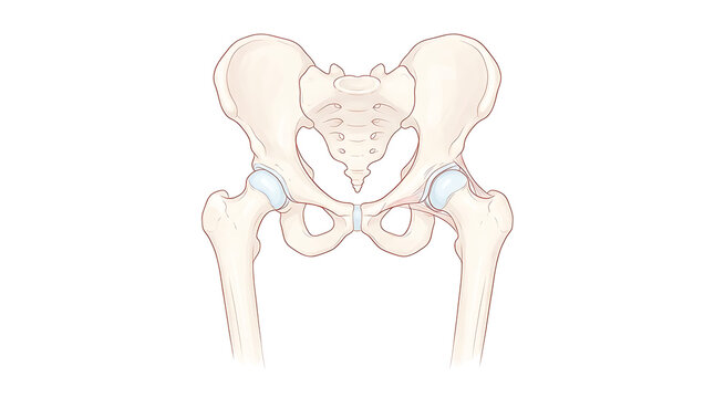 Detailed anatomical illustration of the human pelvis and upper femur bones in a clean minimal style