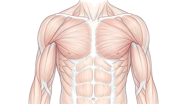 Detailed anatomical illustration showcasing human muscular system with focus on chest, abdomen, shoulders, and arm muscles for