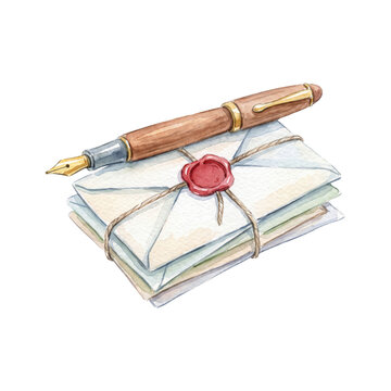 Watercolor illustration of a stack of vintage letters tied with string, a red wax seal, and a wooden pen