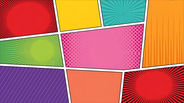 Colorful comic book page template with various panels