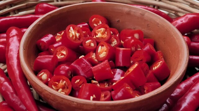 Sliced fresh red chili peppers in bowl	
